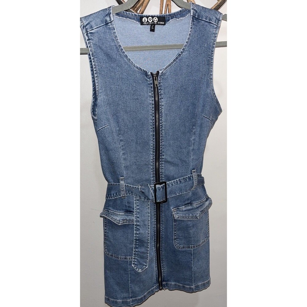 Rewash Zip Front Belted Denim Mini Dress Stretch, Size Large ab
